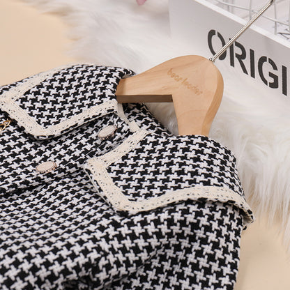 Conjunto infantil vestido + abrigo + bolso cuadros 