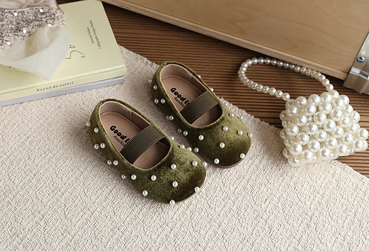 Pearl Girls Flats Shoes Solid Velvet Shallow Elastic Kids Princess Shoes