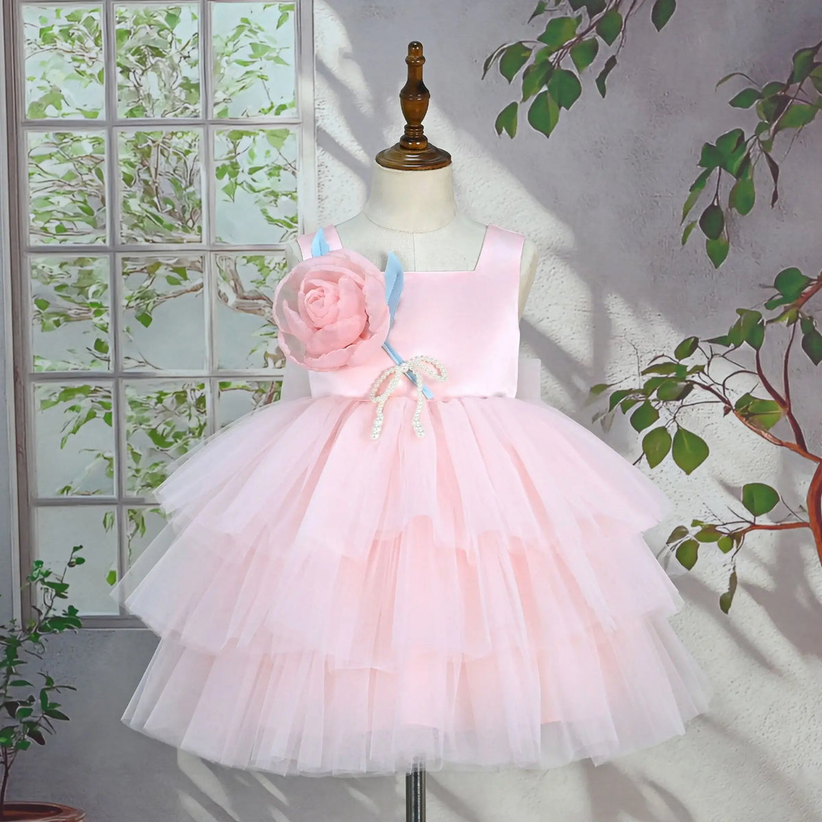 Custom Square 3D Flower Tiered Tulle Luxury Dress Women Wedding Guest Gown