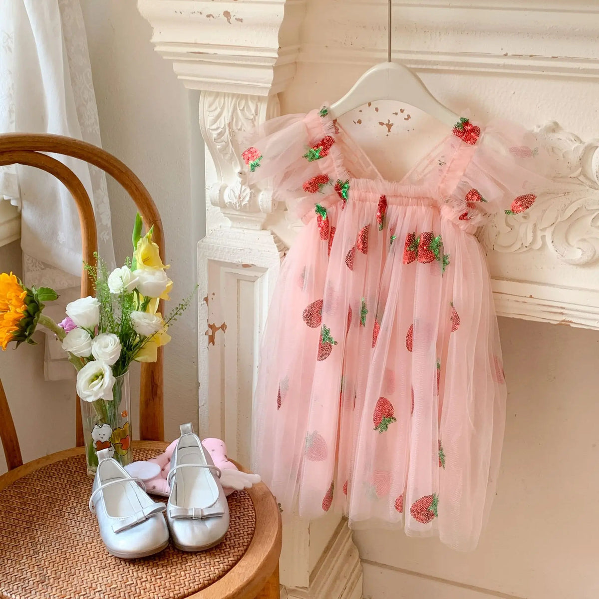 Kids Dress with Wings Embroidered Sleeveless Tulle Gown