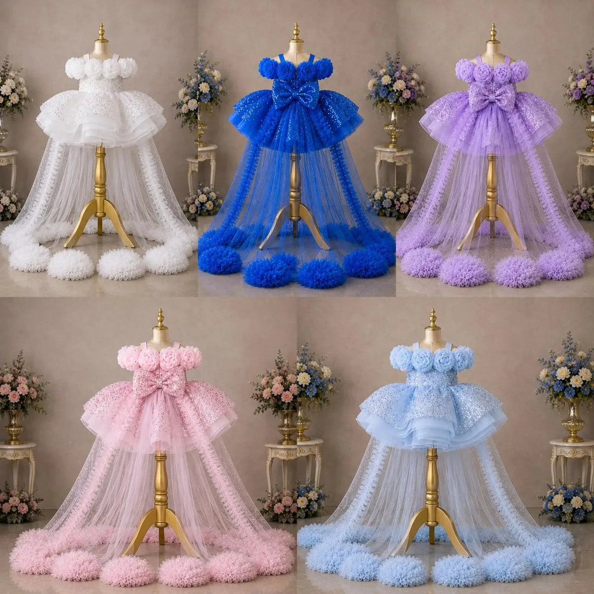 Custom Spaghetti Strap 3D Flower Sequin Tulle Short Dress With Train Luxury Women Wedding Guest Gown Girls Birthday Party
