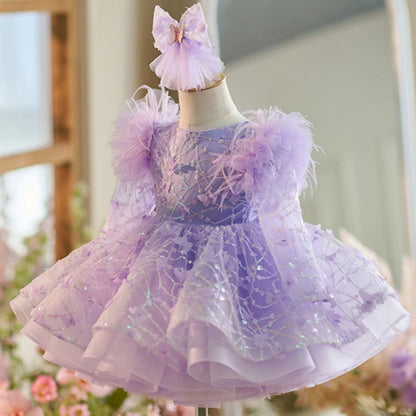 Purple Flower Girl Dress Sequin Puffy Appliques With Bow Communion Gown