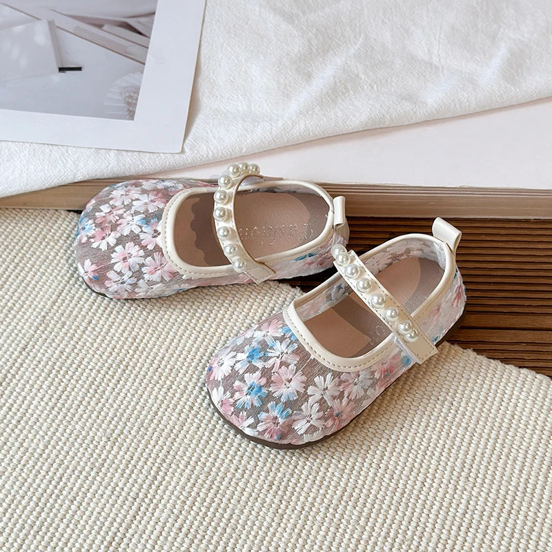 Pink Blue Floral Embroidery Mesh Ballet Flat Lace Ballerina Shoe