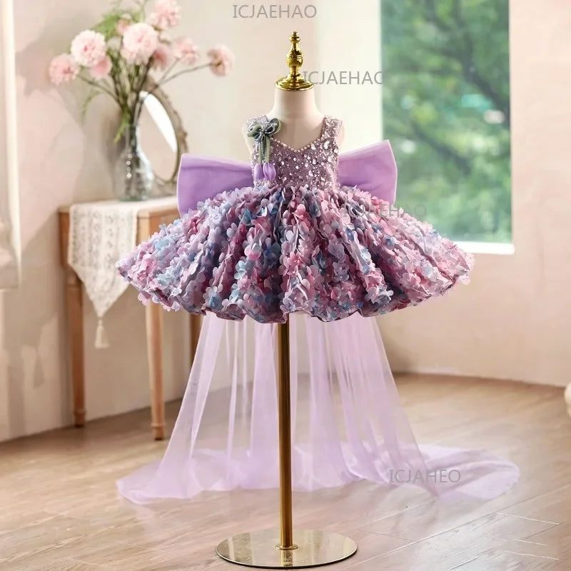 Princess Dress Girls Birthday V Neck Purple Floral Gown
