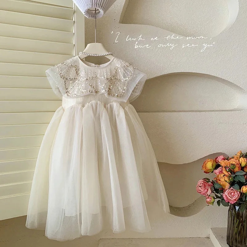 New Summer Square Collar Mesh Splicing Sleeveless Dress