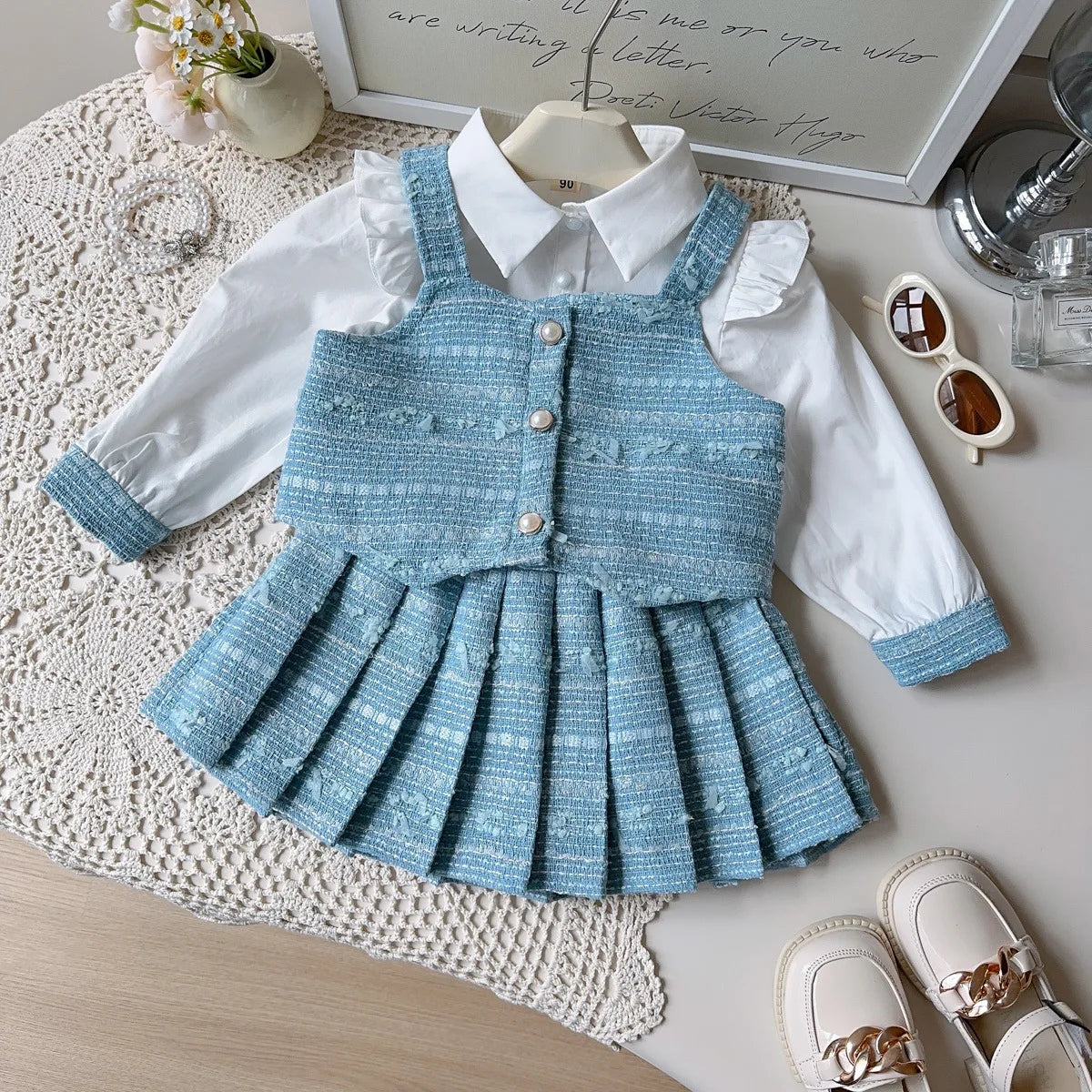 Girl's Shirt+Tank Top+pleated Skirt 3-Piece Set