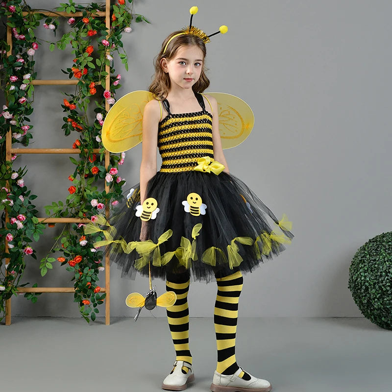 Girls Cosplay Bee Costume Sleeveless Tulle Dress