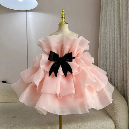 Girls'  Birthday Show Host Piano Performance Bow Princess Dress