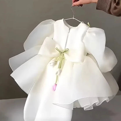 Luxury Dress Female Wedding Guest Gown Puff Sleeve Floral Tulle Kids Gown