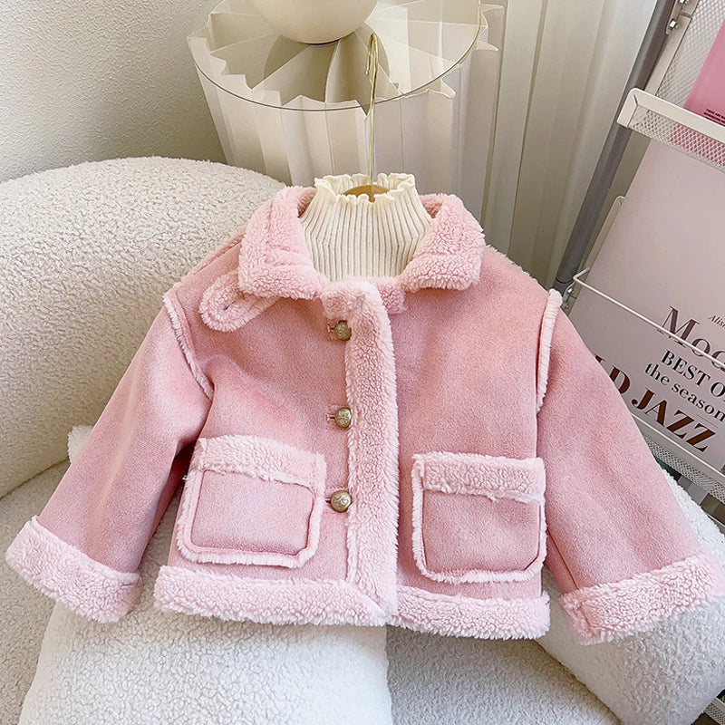 New Girls Jacket Thicken Warm Lapel Woolen Coat For 2-8 Years
