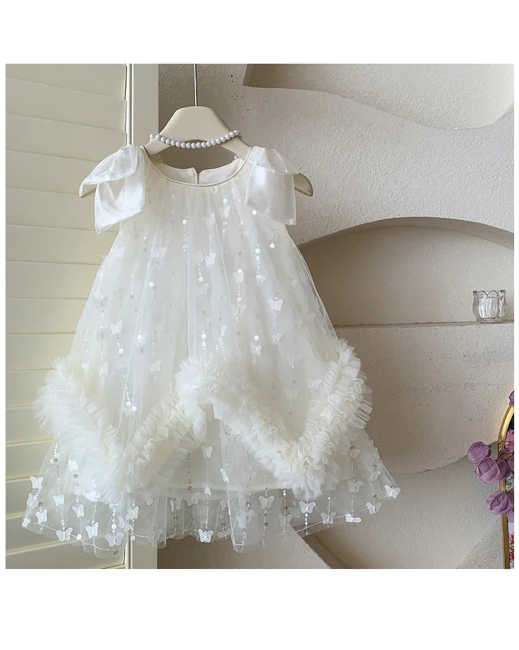 Sleeveless Flower Ruffles Butterfly Baby Girls Bows Dress