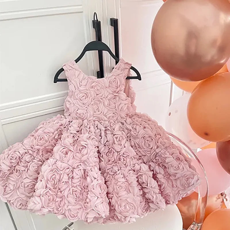 Girls Birthday Princess Dress High-End Dress Pink Three-Dimensional Flower Dress