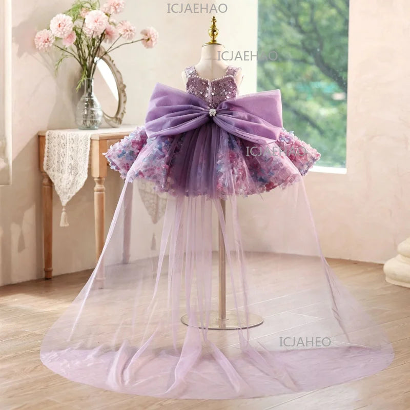 Princess Dress Girls Birthday V Neck Purple Floral Gown