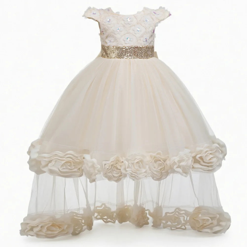 Flower Girl Dress 3D Rose Lace Tulle Sequin Waistband Princess