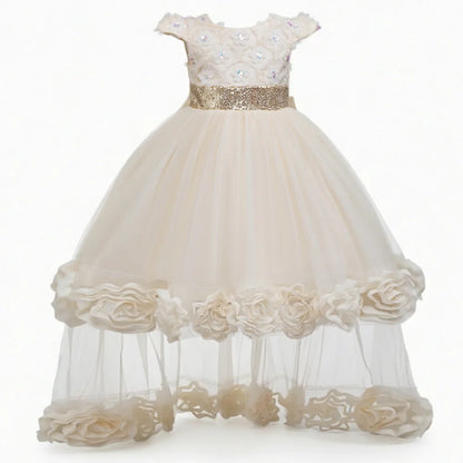 Flower Girl Dress 3D Rose Lace Tulle Sequin Waistband Princess