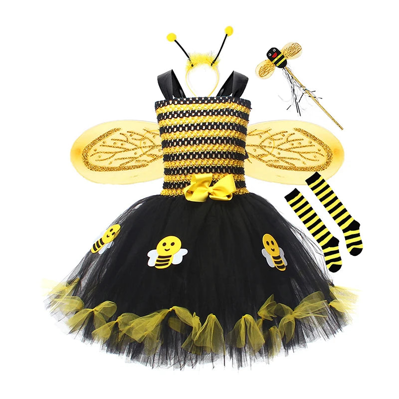 Girls Cosplay Bee Costume Sleeveless Tulle Dress