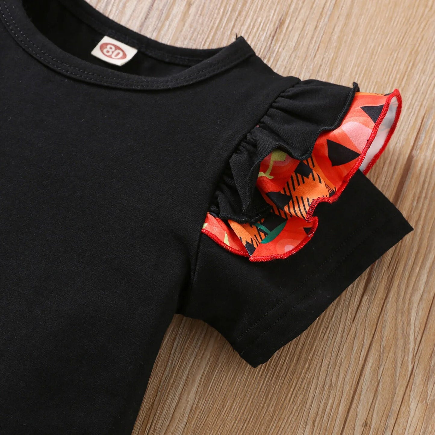 Conjunto de 3 piezas para niñas, ropa infantil con top de manga corta con vuelo, falda con tirantes y lazo para Halloween