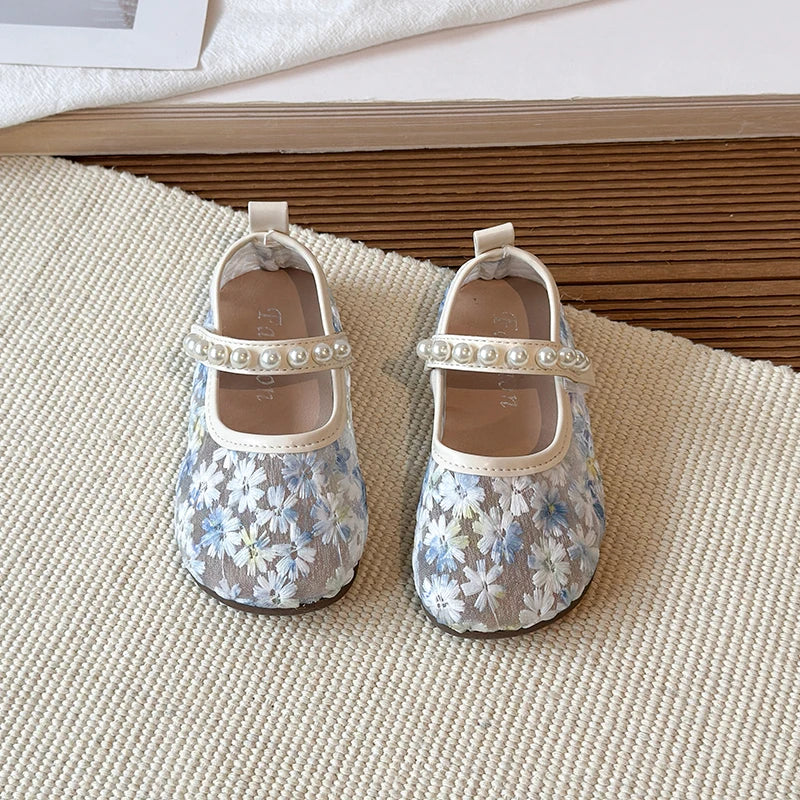 Pink Blue Floral Embroidery Mesh Ballet Flat Lace Ballerina Shoe