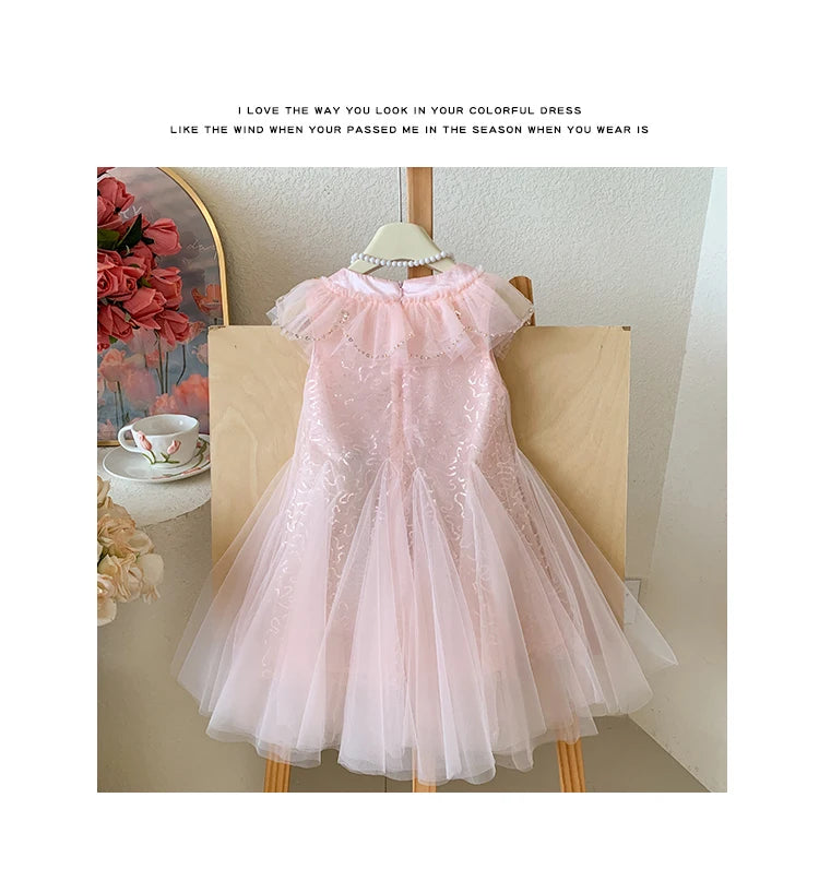 Sleeveless Mesh  Children's Pink Birthday Princess Dress