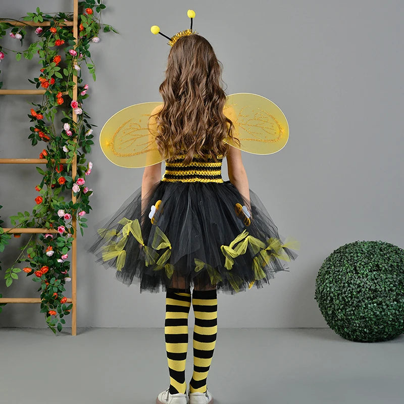 Girls Cosplay Bee Costume Sleeveless Tulle Dress