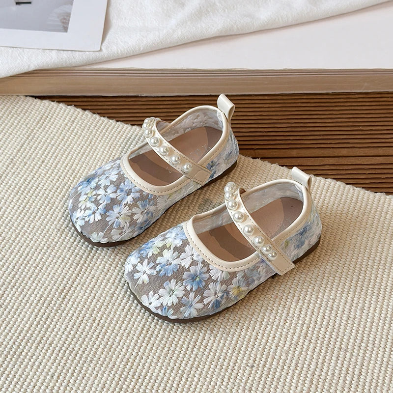 Pink Blue Floral Embroidery Mesh Ballet Flat Lace Ballerina Shoe