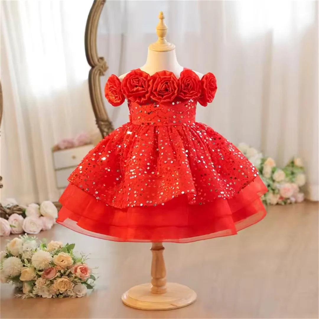 Flower Girl Dress with Sequin Glitter Long Sleeve Bow  Gown Clothes
