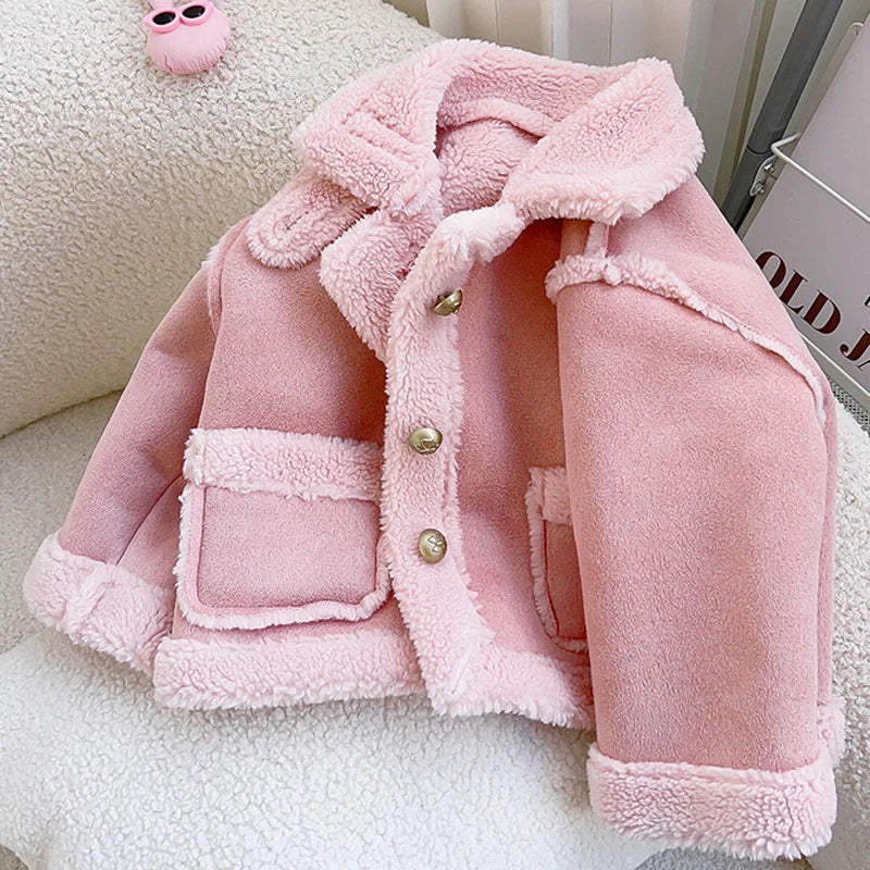 New Girls Jacket Thicken Warm Lapel Woolen Coat For 2-8 Years
