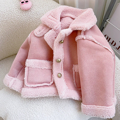 New Girls Jacket Thicken Warm Lapel Woolen Coat For 2-8 Years