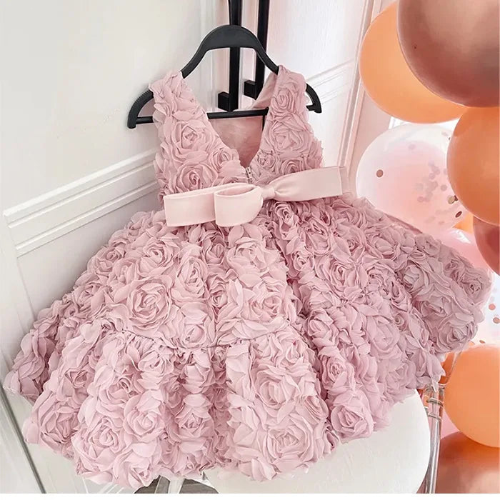 Girls Birthday Princess Dress High-End Dress Pink Three-Dimensional Flower Dress