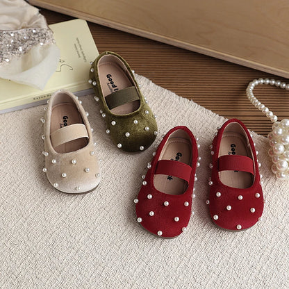 Pearl Girls Flats Shoes Solid Velvet Shallow Elastic Kids Princess Shoes