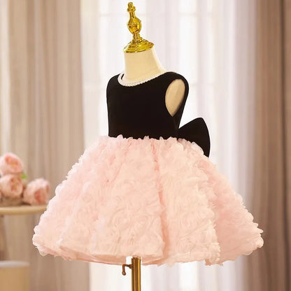 Children First Birthday Princess Dress Wedding Banquet Cute Flower Kids Pink Black Dresses