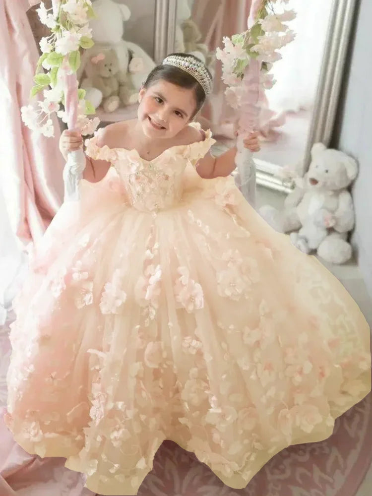 Pink 3d Applique Flower Wedding Birthday Party Dress