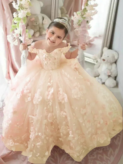 Pink 3d Applique Flower Wedding Birthday Party Dress