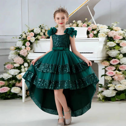 Custom 3D Flower Sequin Bow High Low Tulle Luxury Dress