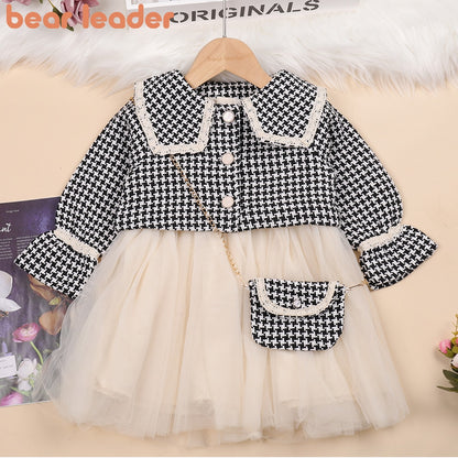 Conjunto infantil vestido + abrigo + bolso cuadros 