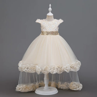 Flower Girl Dress 3D Rose Lace Tulle Sequin Waistband Princess