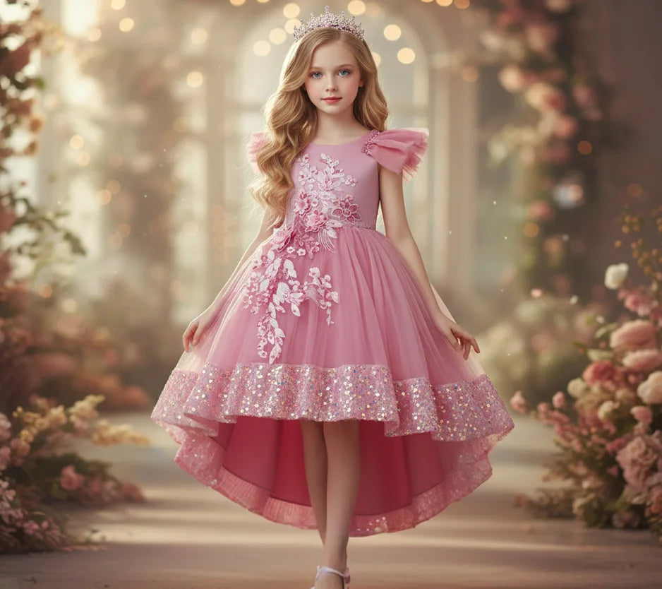 Girls Princess Dress Children's Wedding Flower Girl Mesh Sequin