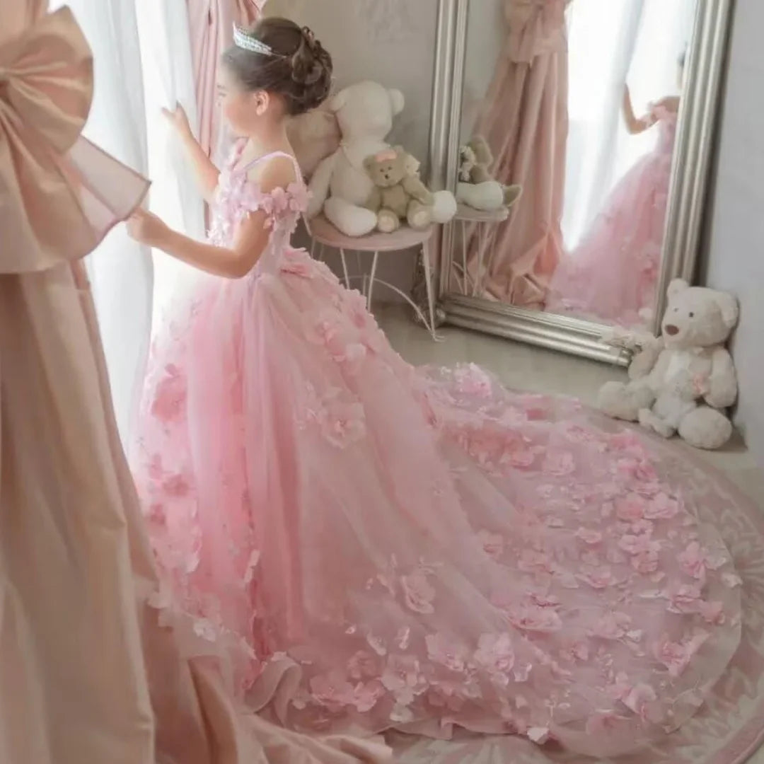 Pink 3d Applique Flower Wedding Birthday Party Dress