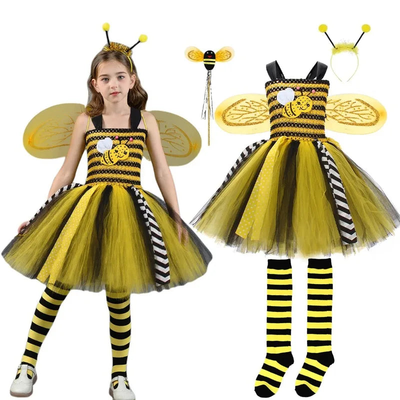 Cute Bee‑Pattern Tulle Tutu Dress for Girls
