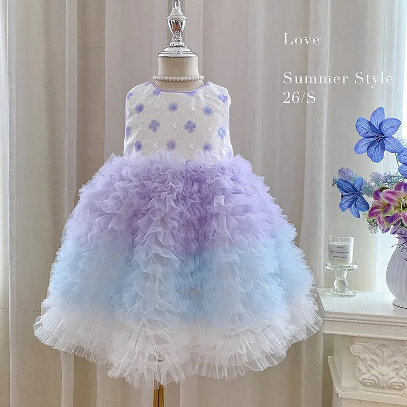 New Summer Kids Girls Gradient Tutu Party Dress Sleeveless Flower Sequin
