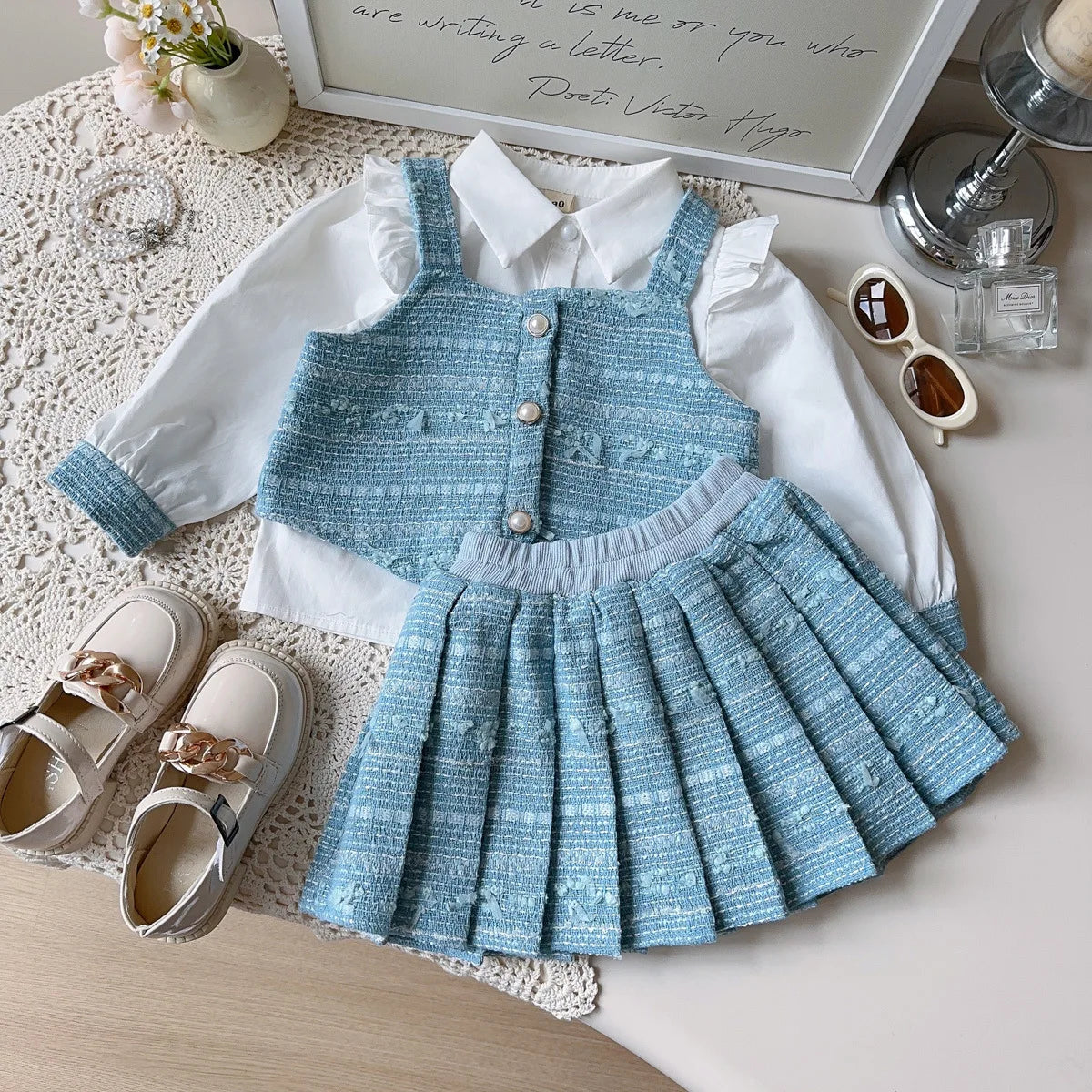 Girl's Shirt+Tank Top+pleated Skirt 3-Piece Set