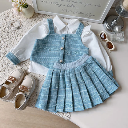Girl's Shirt+Tank Top+pleated Skirt 3-Piece Set