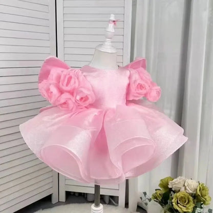3D Flower Puff Sleeve Fluffy Tutu Dress
