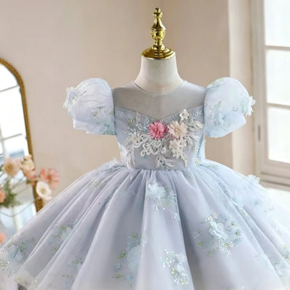 Customized Blue Flower Girl Dress for Wedding Appliques