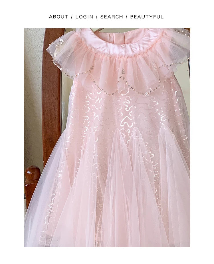 Sleeveless Mesh  Children's Pink Birthday Princess Dress