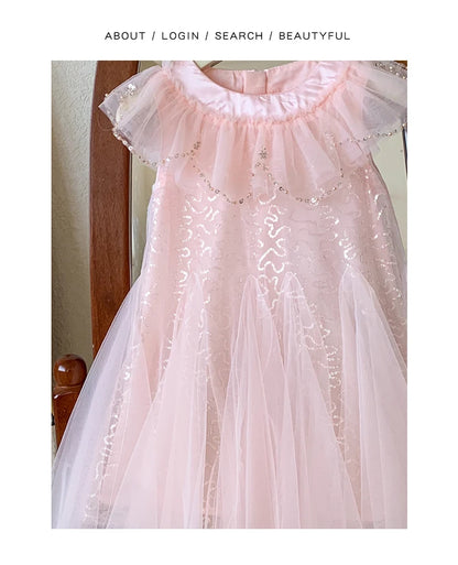 Sleeveless Mesh  Children's Pink Birthday Princess Dress