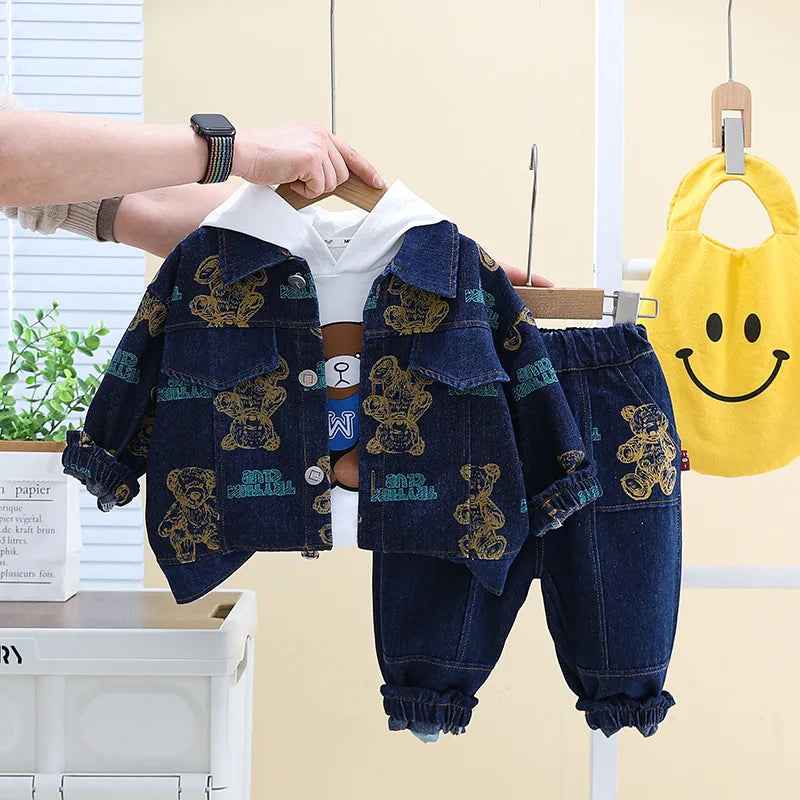 Spring Autumn Boys' Denim Long Sleeve Three-Piece Suit Casual Fashionable Children's Clothing Set Soft Cotton Baby Toddler Kids