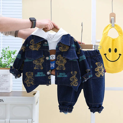 Spring Autumn Boys' Denim Long Sleeve Three-Piece Suit Casual Fashionable Children's Clothing Set Soft Cotton Baby Toddler Kids