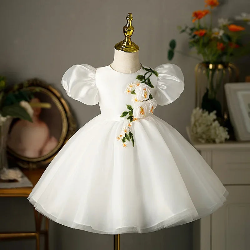 Luxury Dress Female Wedding Guest Gown Puff Sleeve Floral Tulle Kids Gown