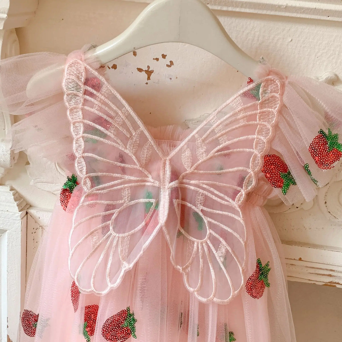 Kids Dress with Wings Embroidered Sleeveless Tulle Gown